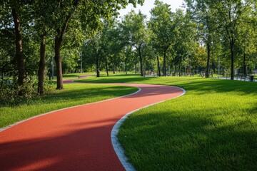 Fototapeta premium Red jogging track in park sunny day grass