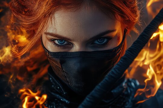 Red haired ninja assassin holds burning daggers wearing black leather costume and mask with blue eyes