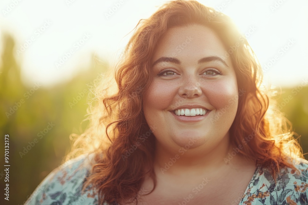 Wall mural A cheerful woman with curly hair and bright smile in the sunlight, conveying happiness and positivity in an outdoor setting with natural lighting.