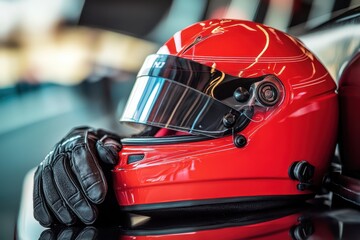 Fototapeta premium Red racing helmet and gloves for car driving