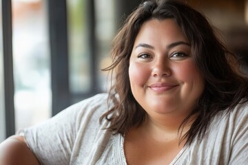 Fototapeta premium A joyful woman with dark wavy hair, smiling warmly, is seated indoors wearing a light gray T-shirt with soft light illuminating her face against a blurred background.