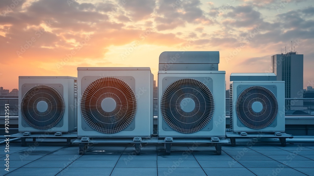 Poster modern building and air conditioners on the roof