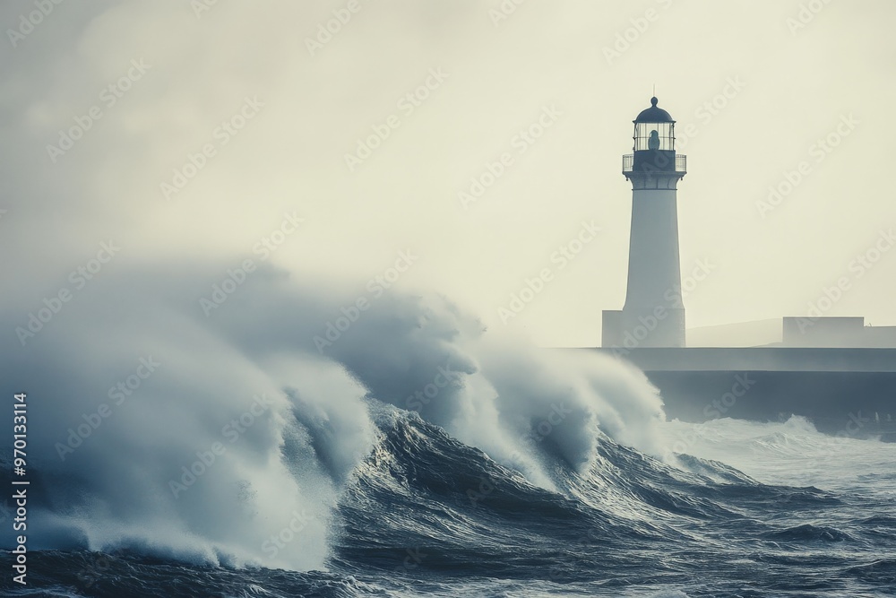 Aufkleber a dramatic capture of stormy sea waves forcefully crashing against a lighthouse standing resilient o