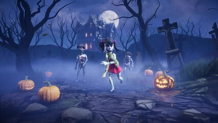 Halloween party. Funny zombies dancing among glowing pumpkins in the light of the full moon in a scary gothic cemetery. 3D animated background for holiday cards, invitations, posters, events, parties