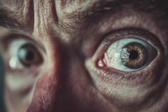 This image captures an extreme close-up of a wide looking eye exhibiting an intense and fearful expression, highlighting intricate details and emotions.