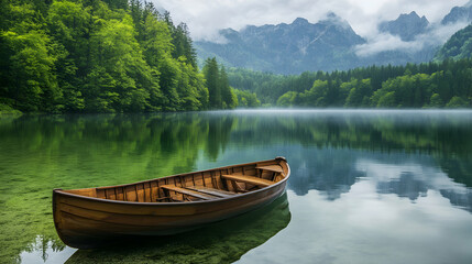 Obraz premium A wooden boat sits on a still lake, surrounded by lush trees and mountains in the distance.
