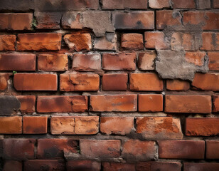 Obraz premium A close-up of a weathered brick wall, with cracks, chips, and uneven mortar. The texture fee