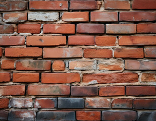 Obraz premium A close-up of a weathered brick wall, with cracks, chips, and uneven mortar. The texture fee