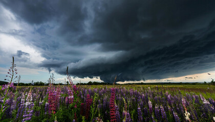 A tornado twists menacingly against a backdrop of cloudy sky, its dark funnel. The colorful beauty of the blooming field stands in contrast to the dark storm.