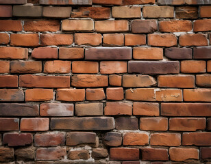 Fototapeta premium A close-up of a weathered brick wall, with cracks, chips, and uneven mortar. The texture fee