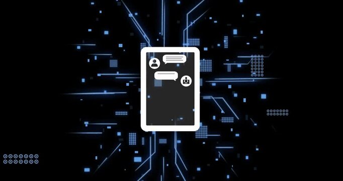 Animation of ai data processing over chat bot and computer circuit board