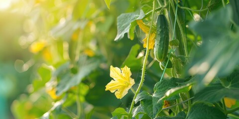 Cucumber plants climbing along trellis in garden Close up of cucumber flower on trellis