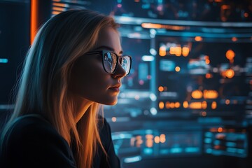 Naklejka premium Young Woman in Glasses Looking at Digital Interface, Futuristic Technology Concept