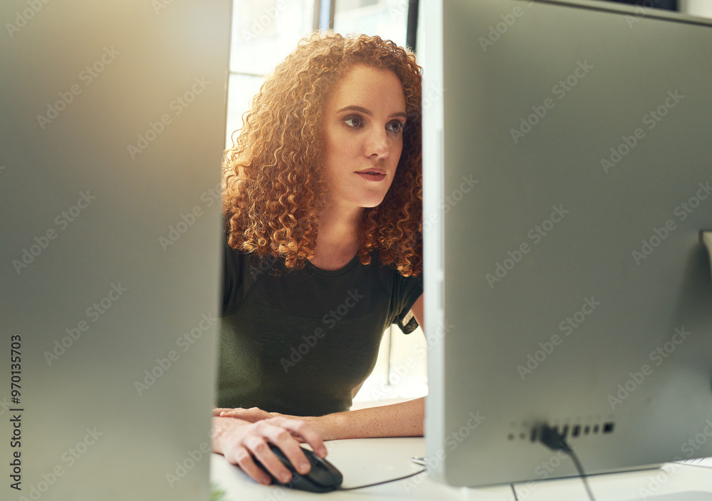 Poster Computer, reading and woman in office with research for information technology with cloud computing. Desktop, database and female software developer with network security for system integration.