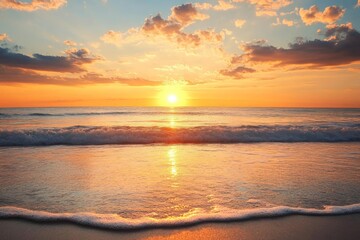 A breathtaking sunset over a calm ocean, with gentle waves washing onto the wet sand and a sky painted in warm hues, capturing the peace and beauty of a coastal evening.