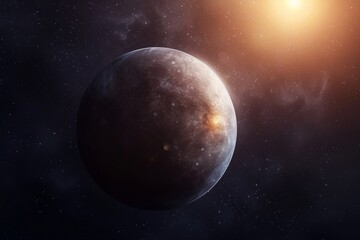 Obraz premium Gray Rocky Planet Orbiting a Star, Cosmic Landscape With Exoplanet, Space Exploration Concept