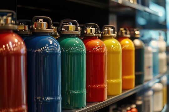 Silver refrigerant tanks showcased in a store