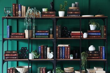 Shelving unit with books and houseplants near green wall in room