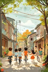 Children Riding Bikes Through a Suburban Street