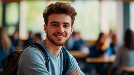 Obraz premium smiling male student sitting in the hall of university