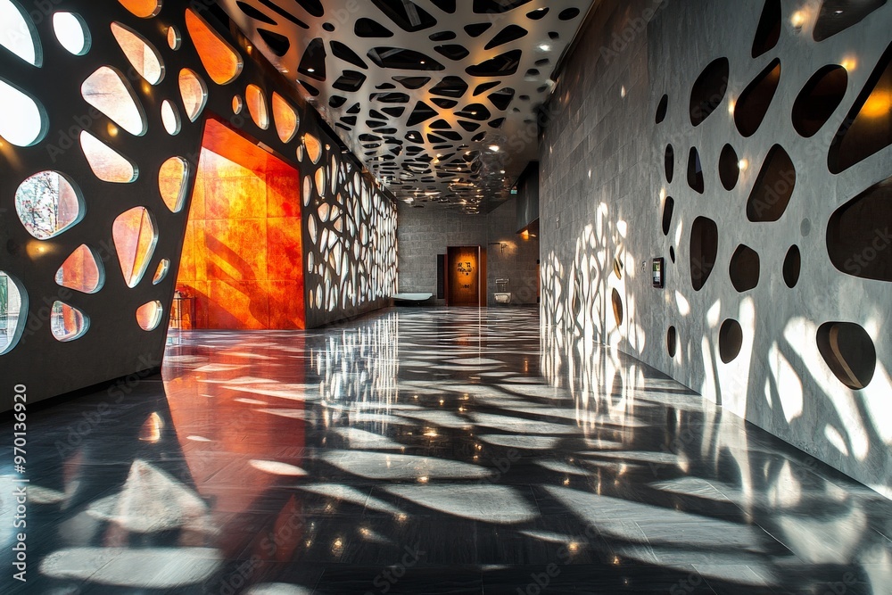 Aufkleber a modern hallway featuring abstract patterns on the walls and floor, illuminated by natural light, c