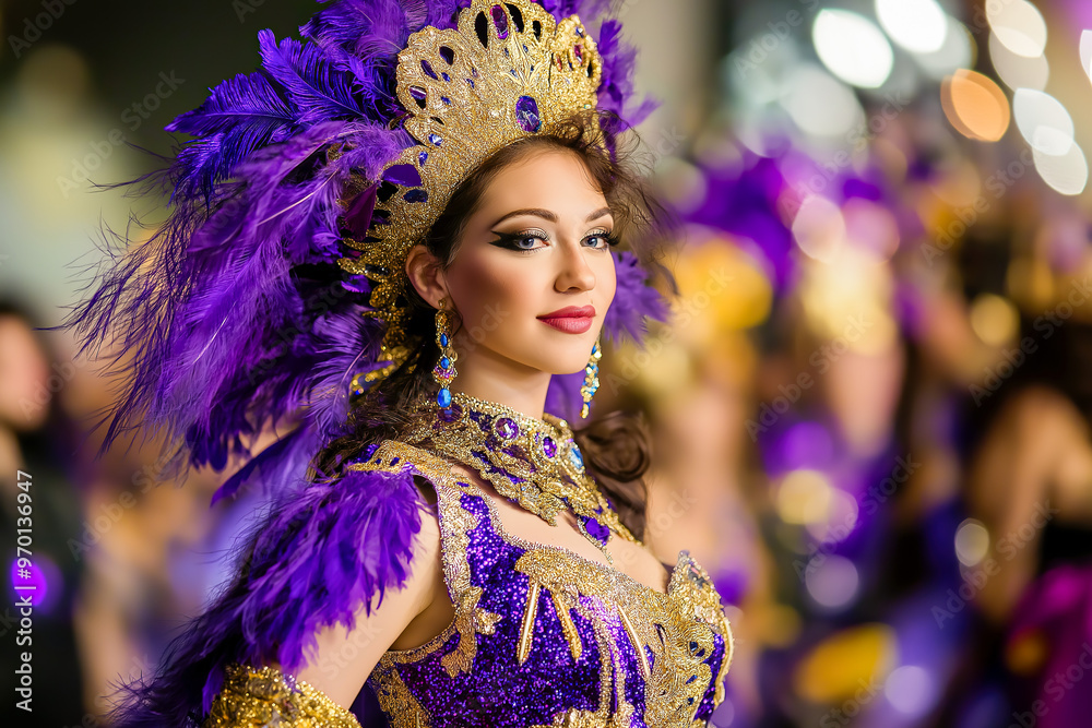 Wall mural a stunning woman in an elaborate purple and gold gown, adorned with feathers and sequins, standing g