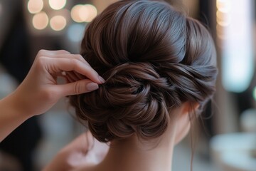 Naklejka premium Close-up shots of a hair stylist crafting an elegant updo for a special occasion,