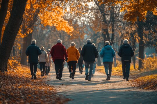 Energetic group of seniors powerwalking in a scenic park, 