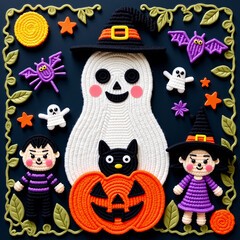 Halloween card - a cute collection of crochet dolls dressed in various Halloween costumes