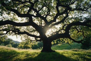Obraz premium An expansive oak tree in a meadow, its grand silhouette beautifully framed by the glowing sunlight filtering through its foliage, evoking peace and timeless beauty.