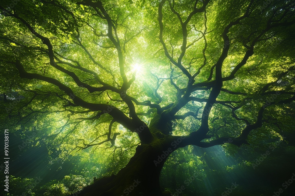 Poster A verdant canopy of leaves with sunlight streaming through, creating a mesmerizing play of light and shadow, capturing the peaceful essence of nature.