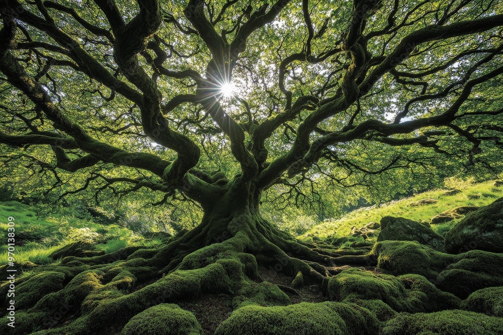 Aufkleber sun rays filter through a large, gnarled tree with widespread branches in a lush, green forest, crea