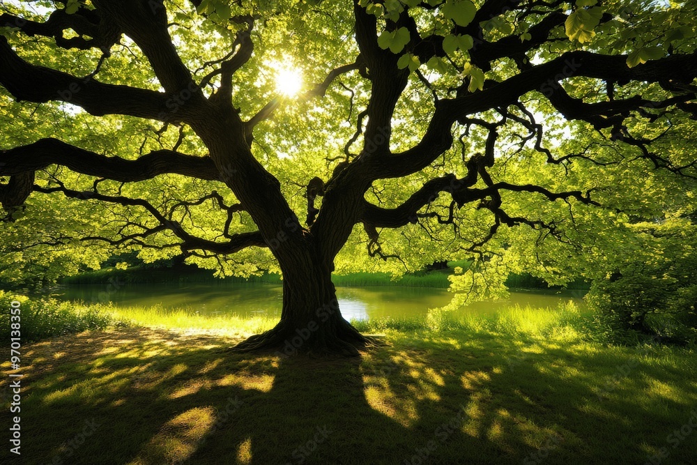 Poster a large tree with verdant leaves spreads out over a sparkling lake, as sunbeams pierce through the b