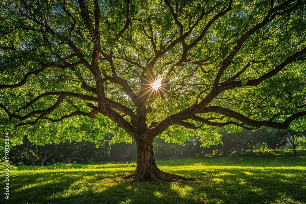 Poster a vibrant tree with broad, sprawling branches and sunlight piercing through, casting enchanting rays