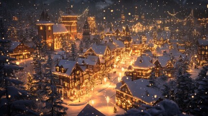 Naklejka premium Enchanting Christmas Wonderland - Magical Town Blanketed in Sparkling Snow and Twinkling Lights