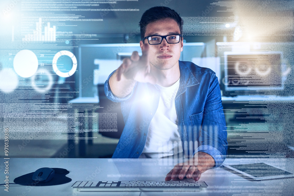 Poster man, computer engineering and portrait with overlay, code or innovation for interface. data scientis