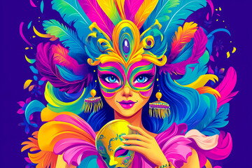 A Mardi Gras-inspired character is depicted wearing a flamboyant costume and holding a mask vector illusration