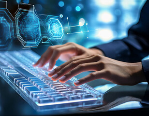 A close-up of hands typing on a futuristic transparent keyboard with holographic displays ho
