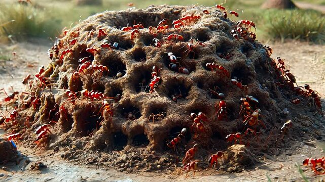 Bustling Ant Colony Around an Intricate Anthill