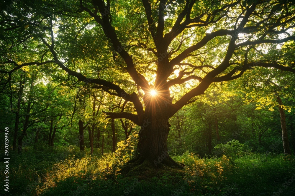 Poster a tranquil image of sunlight penetrating through the branches of a massive and majestic tree in a lu