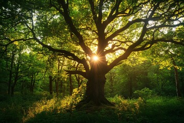 Fototapeta premium A tranquil image of sunlight penetrating through the branches of a massive and majestic tree in a lush green forest, evoking serenity and the beauty of nature.
