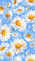 Fototapeta premium Daisy Floral Pattern, White Daisies, Yellow Center, Blue Background, Spring Flowers, Floral Design