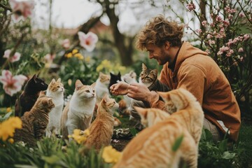 A joyful scene of a man surrounded by multiple cats, engaging with them in a vibrant and blooming garden filled with colorful flowers, representing connection and joy.