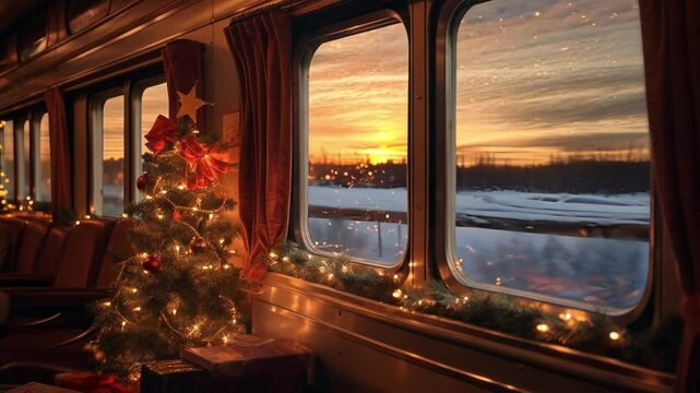 Decorated christmas tree with presents underneath is standing by the window of a train with a beautiful sunset in the background during a winter trip