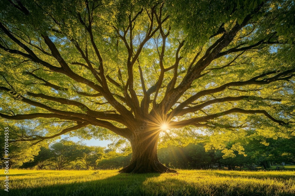 Poster a beautiful, large tree with widespread branches stands majestically in a sunlit field as the sun's 