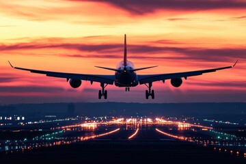 The aircraft departs from the runway at sunset