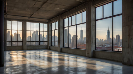 Fototapeta premium Urban life concept: an empty loft-style room with views of the city through a large window generative ai
