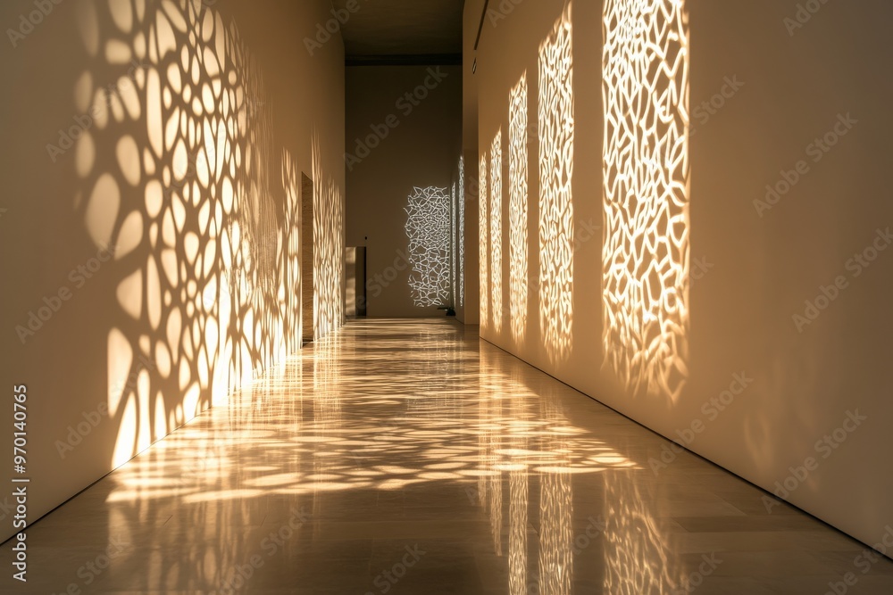 Poster A long, elegantly designed hallway illuminated by complex light patterns casting dynamic shadows on the walls, enhancing the architectural beauty and modern sophistication of the space.