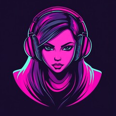 Neon portrait of a female gamer with headphones. Cyberpunk, digital art, gaming culture.