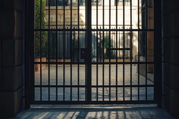 The image shows a strong and elegant iron gate with horizontal stripes standing tall and adorned with evenly spaced bars